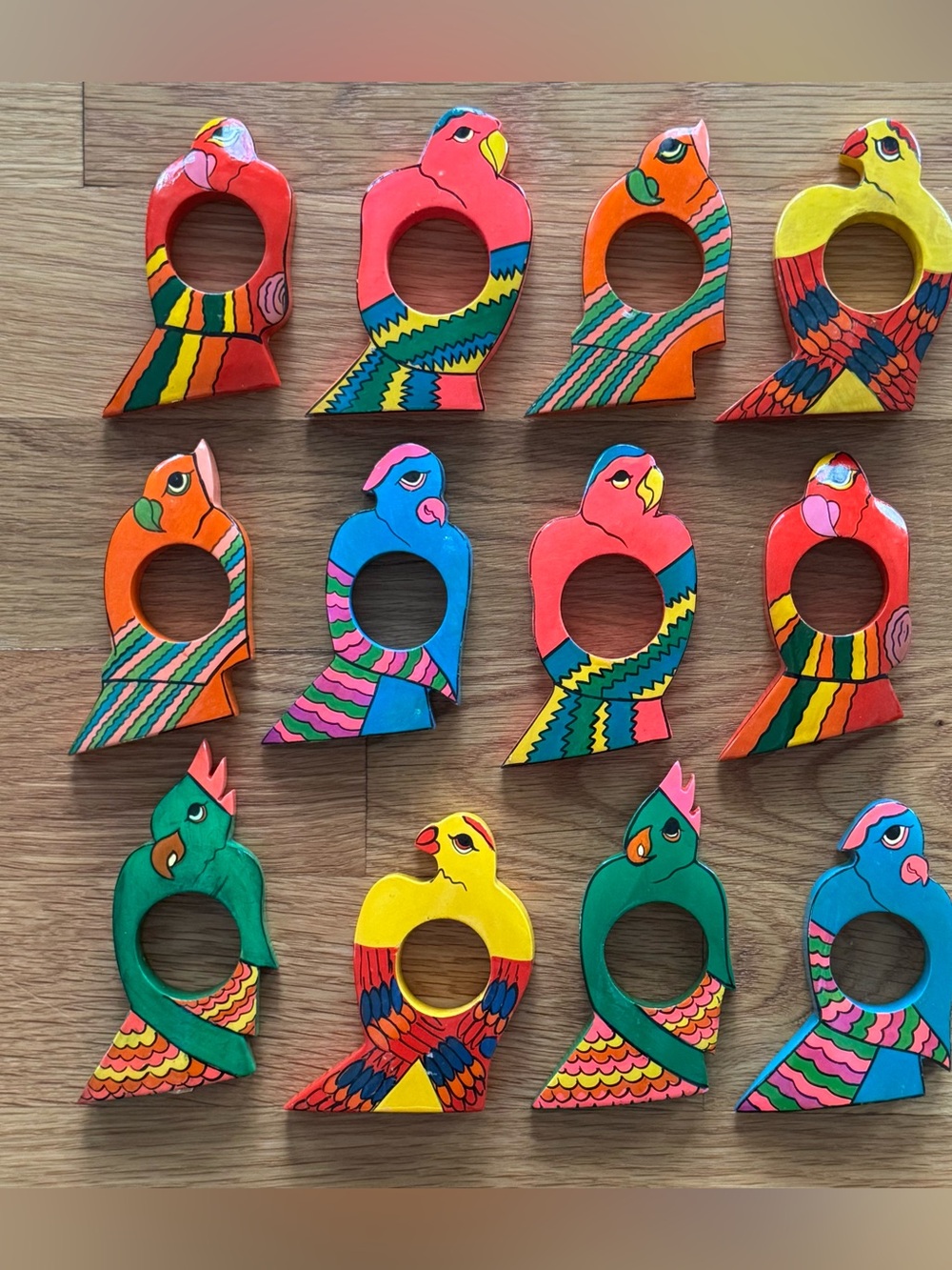 Vintage Pier 1 Imports Parrot Napkin Rings Set of 12 HandPainted Wooden Tropical